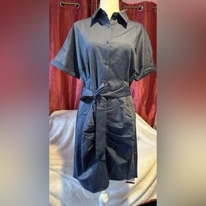 Button-Front Belted Navy Shirt Dress